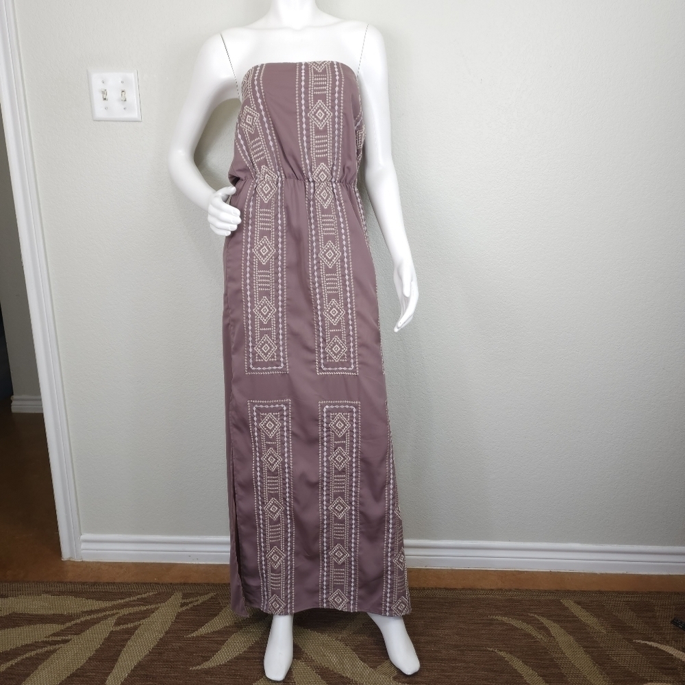 Gianni Bini Boho Sleeveless Taupe Embroidered Maxi Dress Size Small